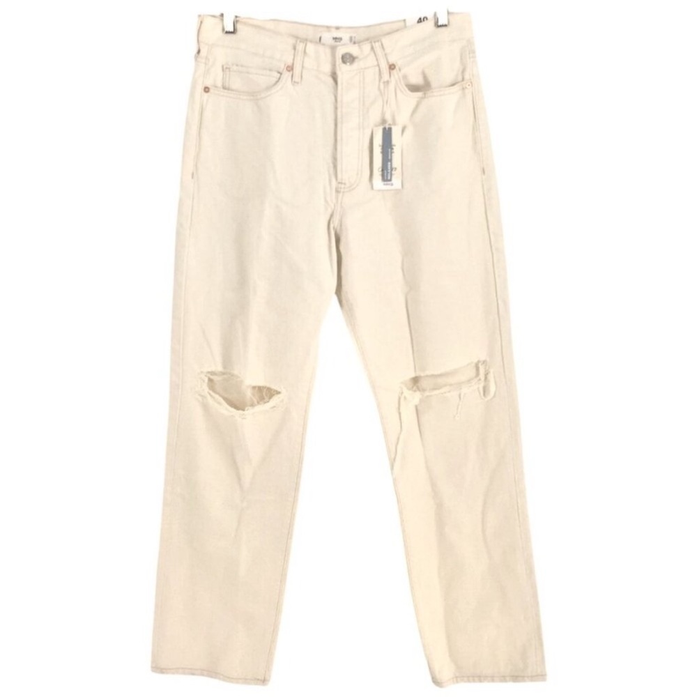 MANGO MNG White Distressed Denim Mid-Waist Relaxed Fit Jeans
